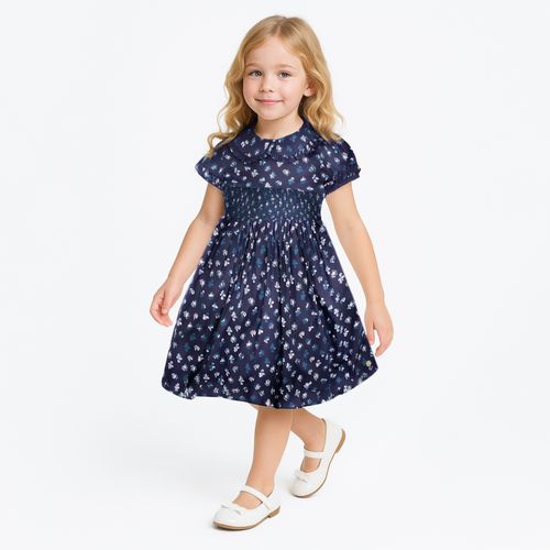 Vestido Infantil Feminino Algodão Egípcio Floral Tricolore Ponto Smock - AZUL