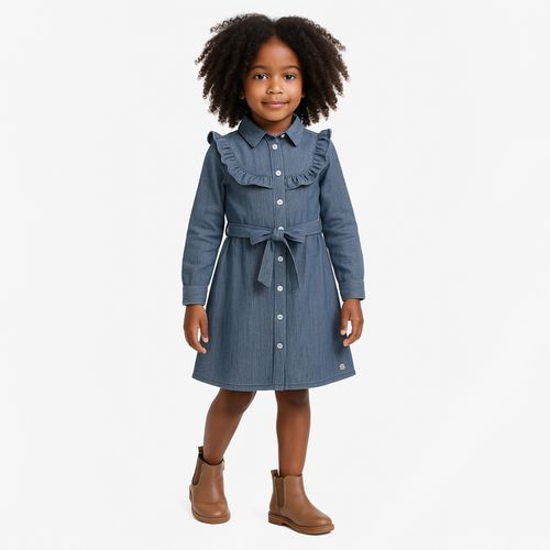 Vestido Infantil Feminino Sarja com Babados - AZUL JEANS