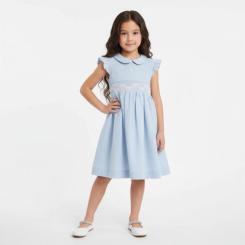 Vestido Infantil Feminino Com Ponto Smock - AZUL