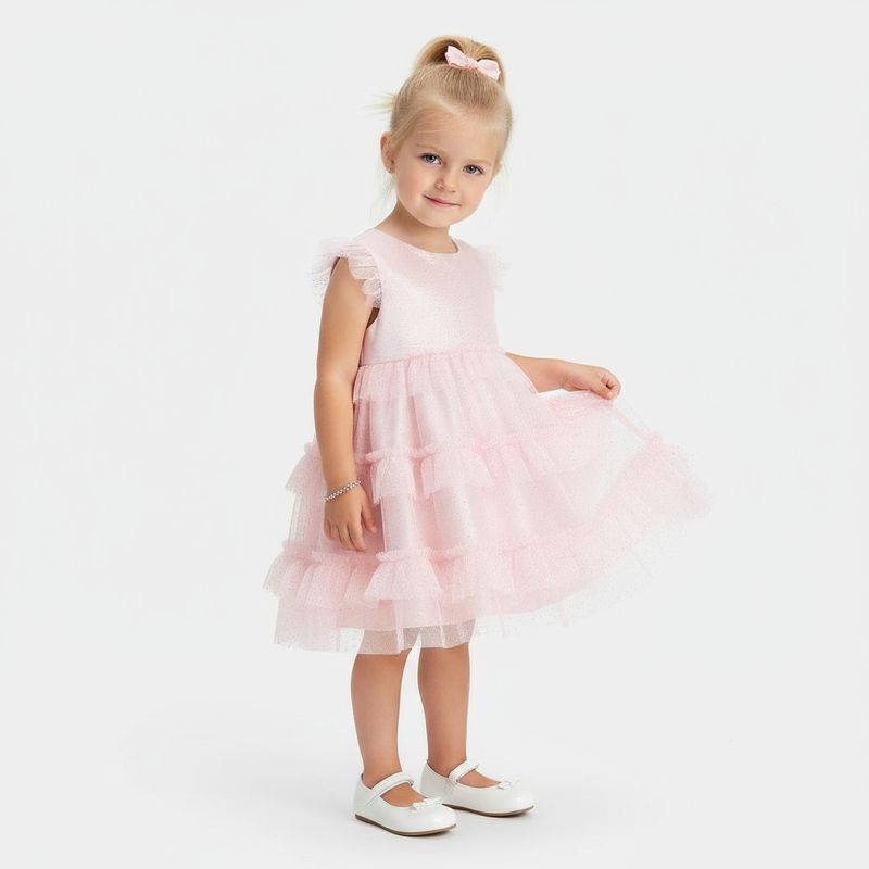 Vestido Bebe Feminino Tule com Babados e Glitter - ROSA ref 04.01.1098_1011
