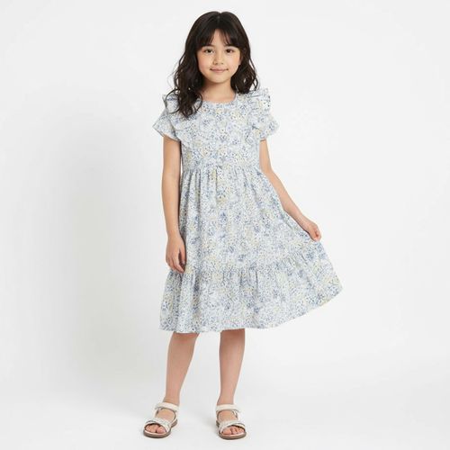 Vestido Infantil Feminino Algodão Egípcio Midi Estampa Caleidoscópio - AZUL