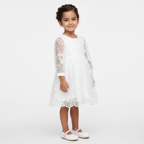 Vestido de Bebê Feminino Renda Manga Longa - BRANCO