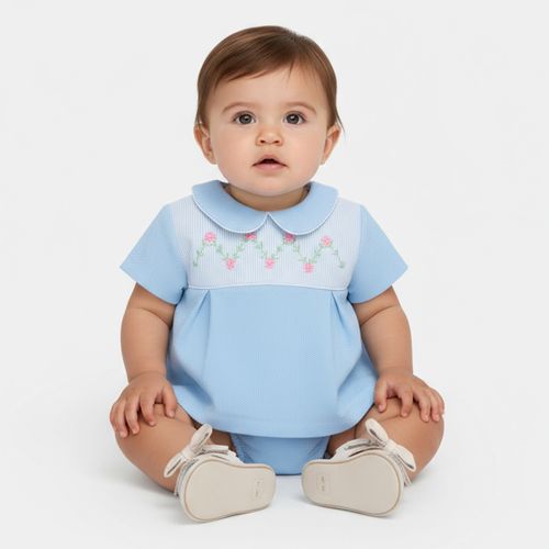 Conjunto de Bebê Feminino Piquet com Bordado de Flores - AZUL BEBE