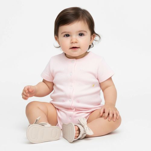 Macacão de Bebê Feminino Curto Dadinho Bordado Flores - ROSA BEBE