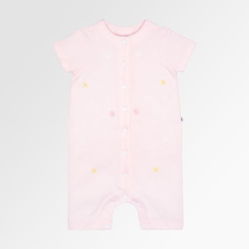 Macacão de Bebê Feminino Curto Dadinho Bordado Flores - ROSA BEBE
