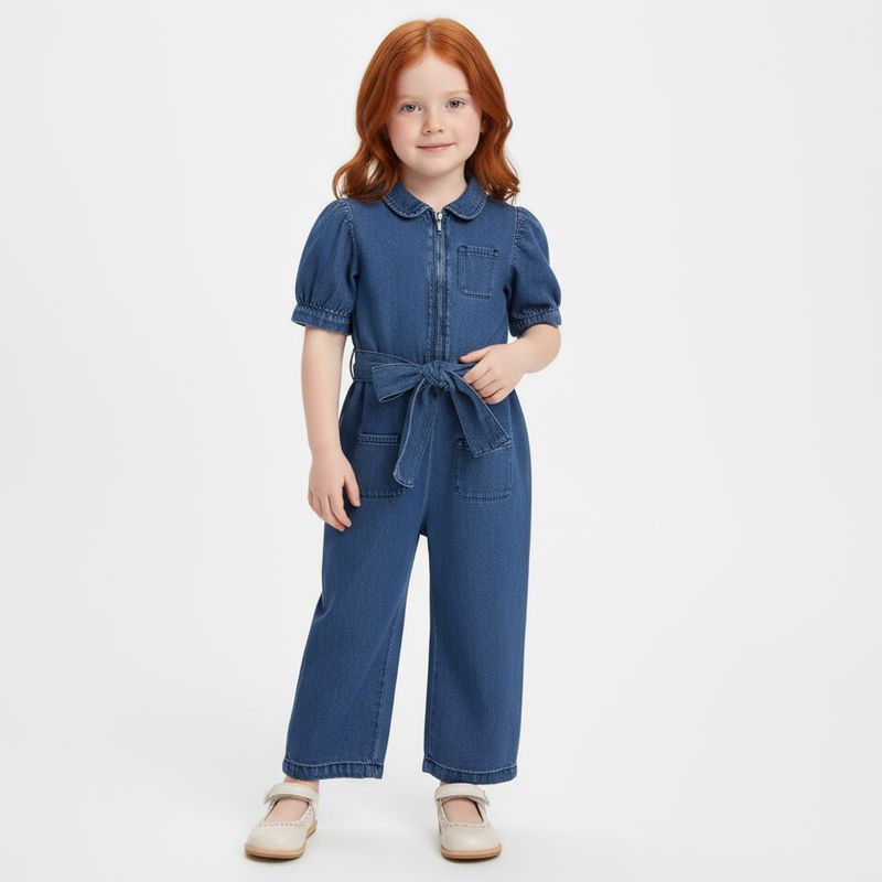 Macacao Jeans Infantil Feminino com Cinto Pantacourt - AZUL MARINHO 17.01.0018_1015