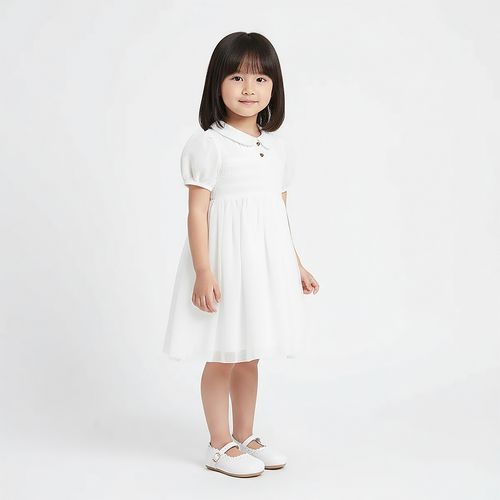 Vestido Bebê Feminino com Prega e Botões em Coração - BRANCO