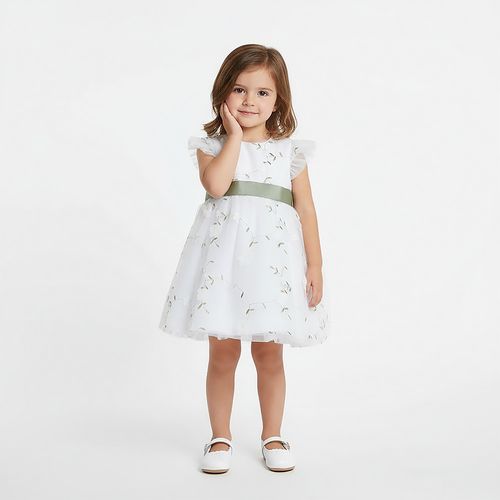 Vestido Bebê Feminino Tule Bordado Flores - VERDE