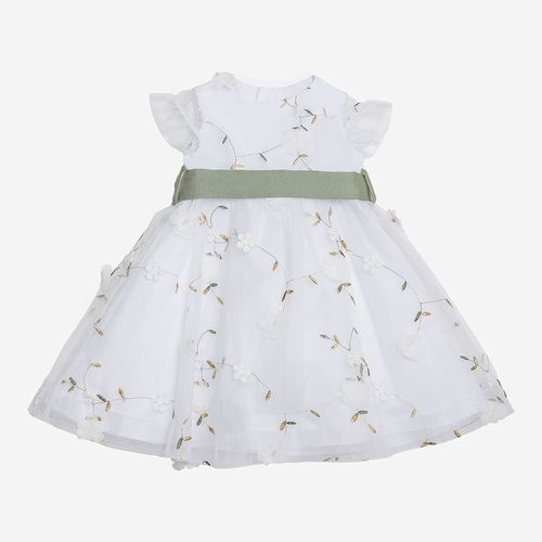 Vestido Bebê Feminino Tule Bordado Flores - VERDE