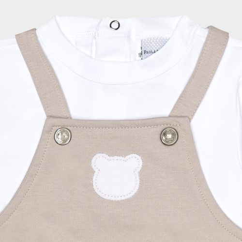 Macacão Curto Bebê Masculino Jardineira Bordado Urso - AREIA