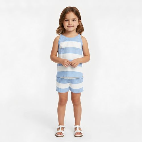 Conjunto Bebê Feminino Tricot Listrado - AZUL CLARO