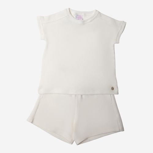 Conjunto Infantil Feminino Malha Dot Recorte - OFF WHITE