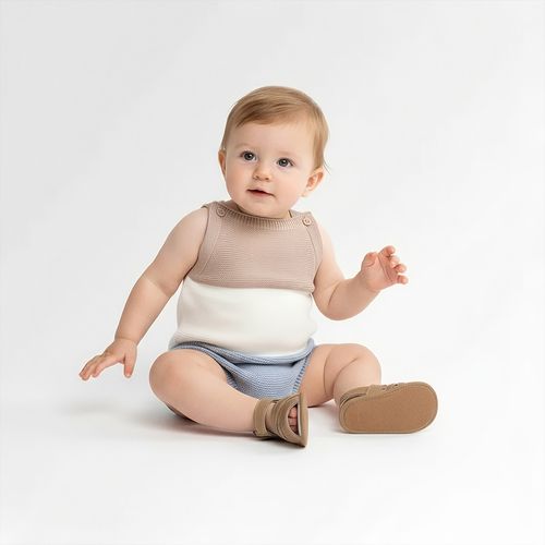 Romper de Bebê Masculino Tricot Listras Tricolor - BEGE/NAT/AZ