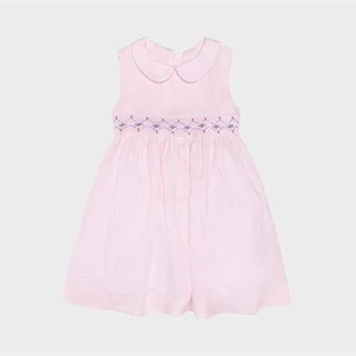 Vestido Infantil Feminino Puro Linho com Ponto Smock - ROSA BEBE