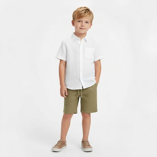 Bermuda Infantil Masculino Puro Linho Com Bolso - VERDE