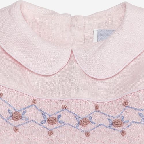 Vestido Bebê Feminino Puro Linho com Ponto Smock - ROSA BEBE