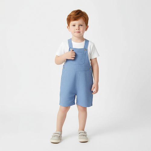 Conjunto Bebê Masculino Jardineira Seersucker com Camiseta - AZUL