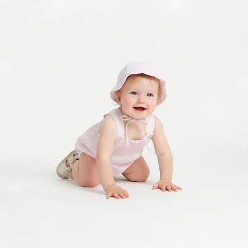 Romper de Bebê Feminino Xadrez Annaruga com Chapéu - ROSA BEBE