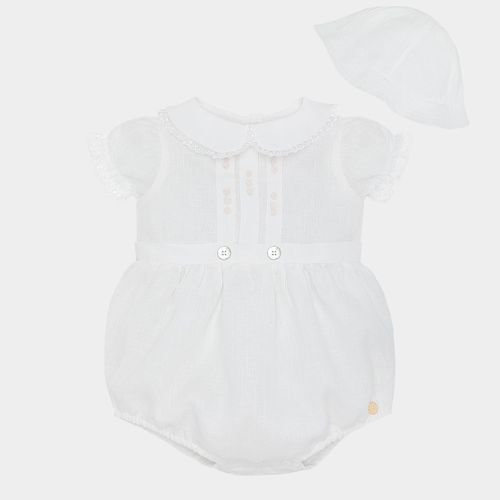 Romper de Bebê Feminino Puro Linho com Pregas - BRANCO