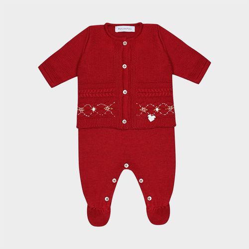 Saída de Maternidade Conjunto Tricot Jardineira e Casaco com Bordado Rococó - RED NIGHT