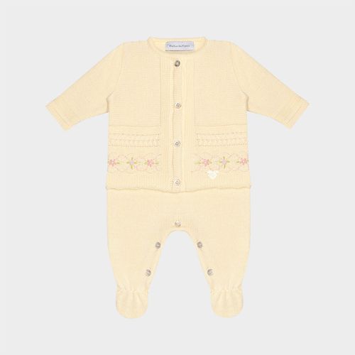 Saída de Maternidade Conjunto Tricot Jardineira e Casaco com Bordado Rococó - AMARELO PÓ