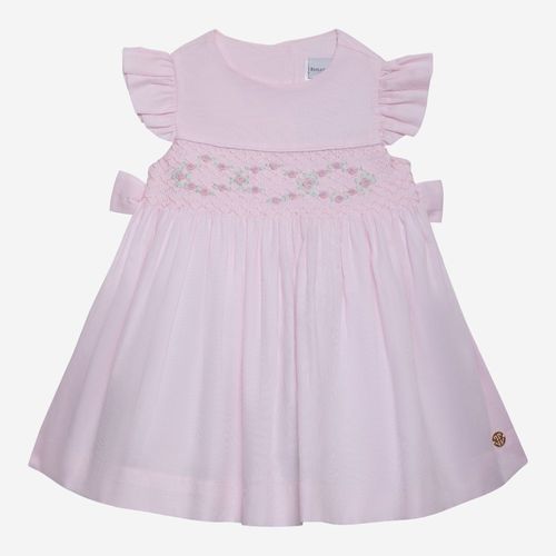 Vestido de Bebê Feminino em Fustão Fio 60 com Ponto Smock - ROSA