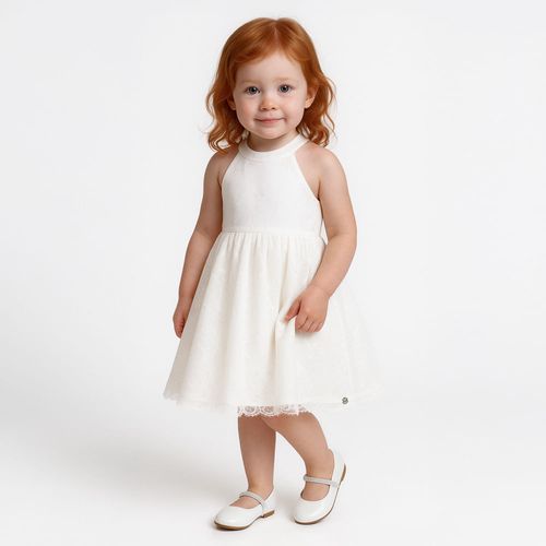 Vestido Infantil Feminino Tule Bordado - OFF WHITE