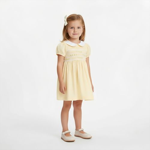 Vestido Bebê Feminino com Smock Bordado - AMARELO