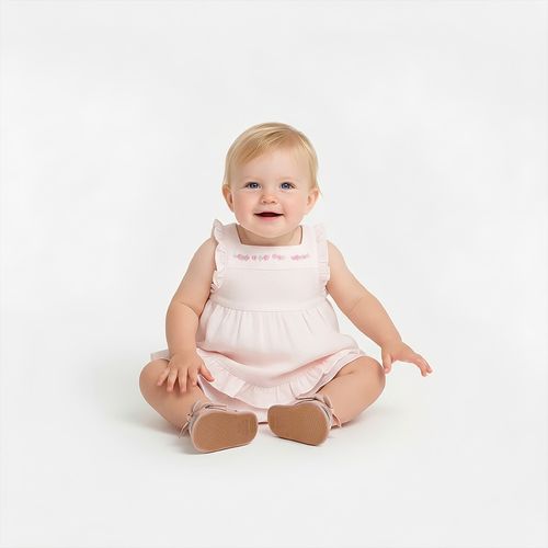 Conjunto de Bebê Feminino Puro Linho com Bordado Rococó - ROSA BEBE