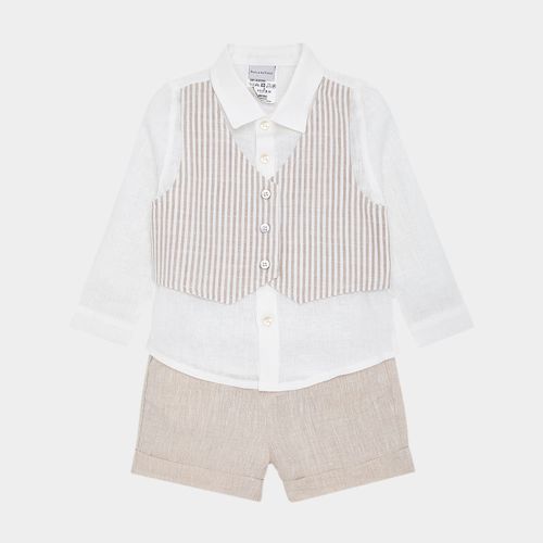 Conjunto de Bebê Masculino com Colete Listrado Puro Linho - KAKI