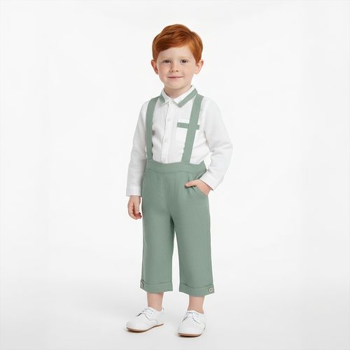 Conjunto de Bebê Masculino Puro Linho Jardineira com Camisa - VERDE