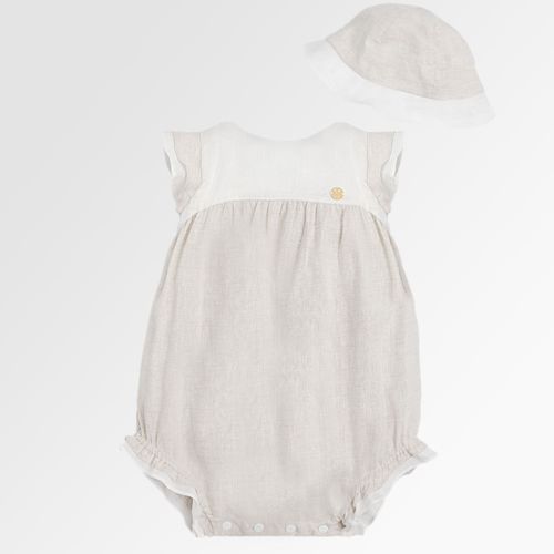 Romper de Bebê Feminino Puro Linho com Chapéu - CRU