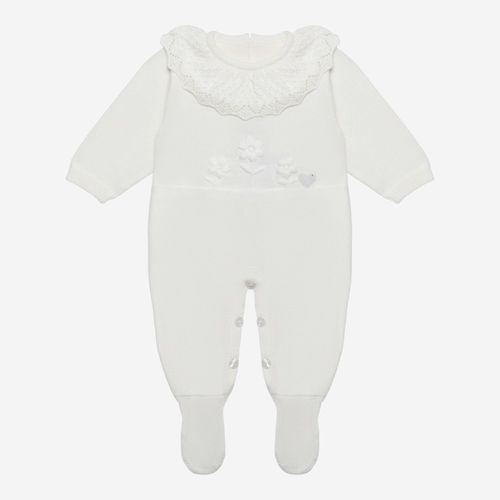 Macacão Bebê Feminino Gola Crochê Bordado Flores em Tricot - NATURAL