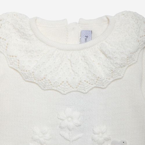 Macacão Bebê Feminino Gola Crochê Bordado Flores em Tricot - NATURAL