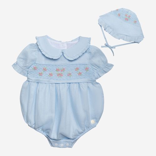 Romper de Bebê Feminino Linho com Ponto Smock - AZUL BEBE