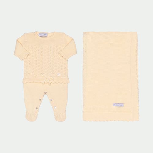Saída de Maternidade Feminina Conjunto Manta, Jardineira e Casaco Tricot - AMARELO PÓ
