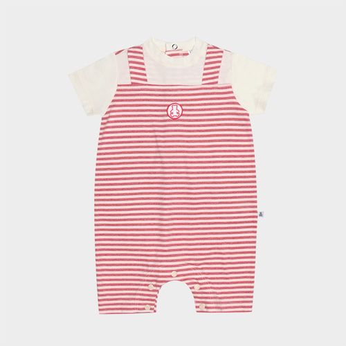 Macacão Bebê Masculino Listrado com Suspensório - VERMELHO