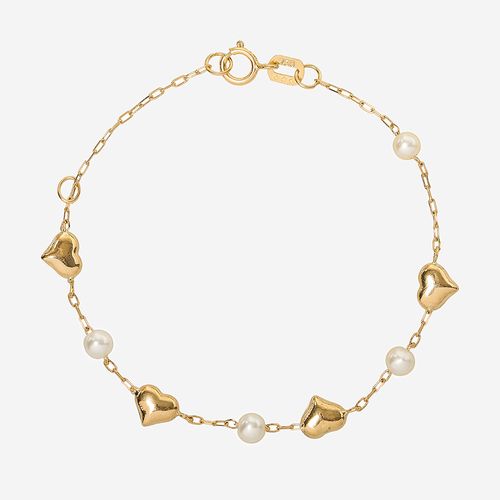 Pulseira Bebê Feminino Coração e Pérola 3mm em Ouro 18k - UNICO
