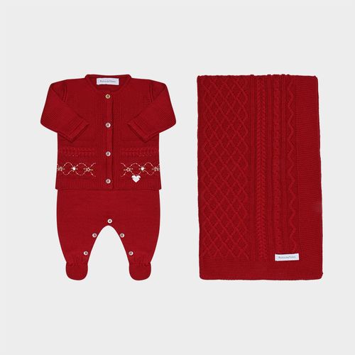 Saída Maternidade Feminina Tricot Trança Bordado com Manta, Jardineira e Casaco - RED NIGHT