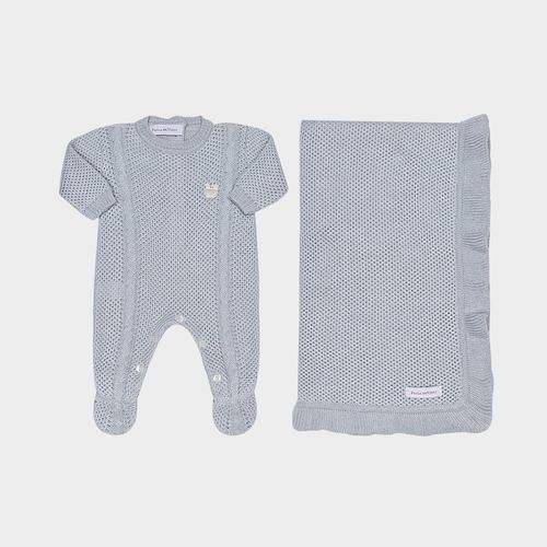 Saída de Maternidade Feminina Tricot com Manta e Macacão Ponto Arroz Trança - AZUL CLARO