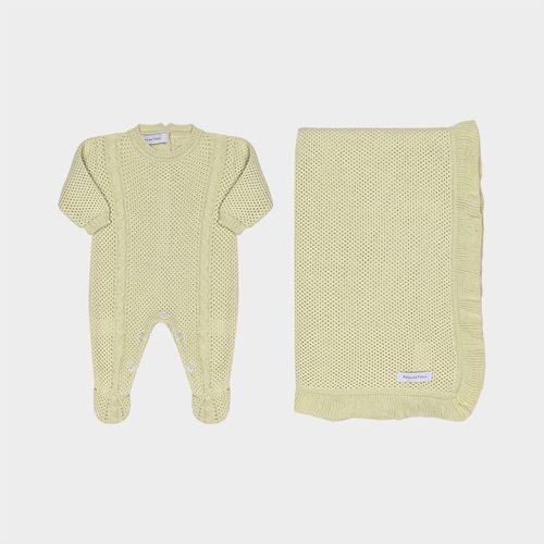 Saída de Maternidade Feminina Tricot com Manta e Macacão Ponto Arroz Trança - ALOE WASH