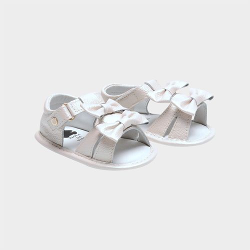 Sandália de Bebê Feminina Couro com Laços - BCO METAL