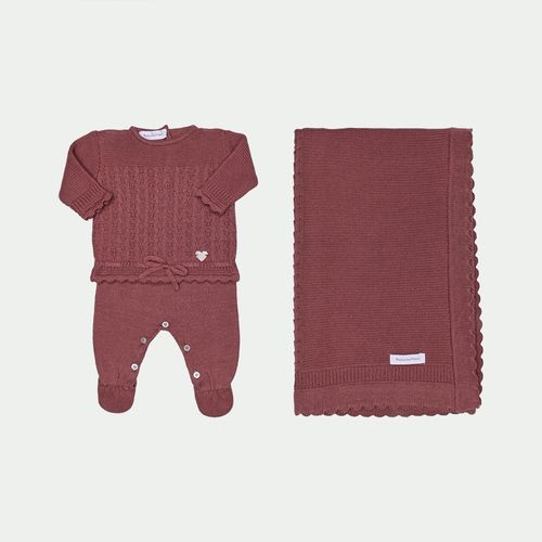 Saída de Maternidade Feminina Conjunto Manta, Jardineira e Casaco Tricot - HOT CHOCOLATE