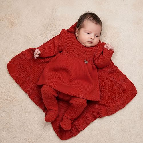 Saída de Maternidade Feminina Conjunto Manta e Vestido Pala Furinhos Tricot - BRICK