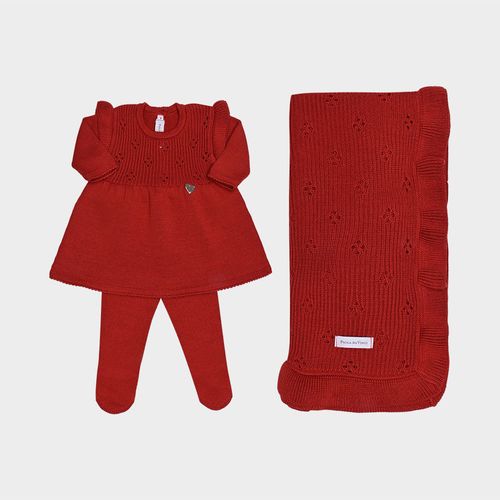 Saída de Maternidade Feminina Conjunto Manta e Vestido Pala Furinhos Tricot - BRICK