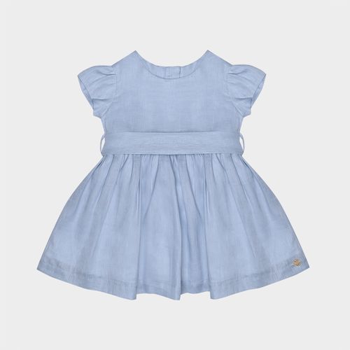 Vestido Bebê Feminino Puro Linho Manga Curta - AZUL