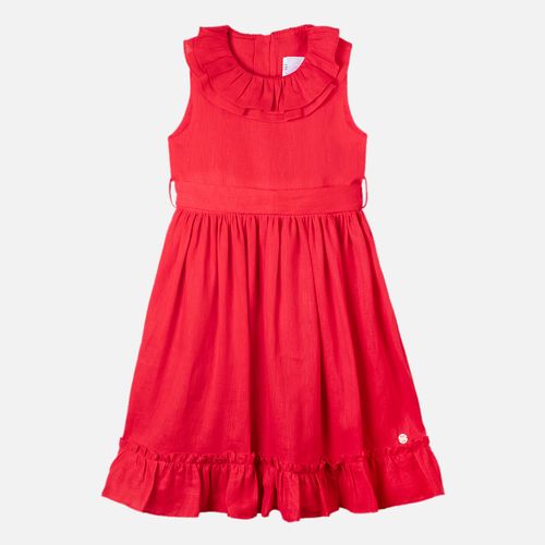 Vestido Infantil Feminino Puro Linho Midi com Babado - VERMELHO
