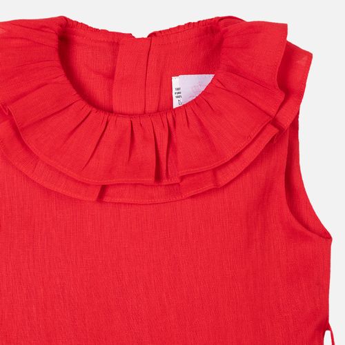 Vestido Infantil Feminino Puro Linho Midi com Babado - VERMELHO