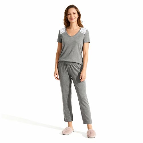 Pijama de Maternidade Feminino com Renda - CINZA MESCLA