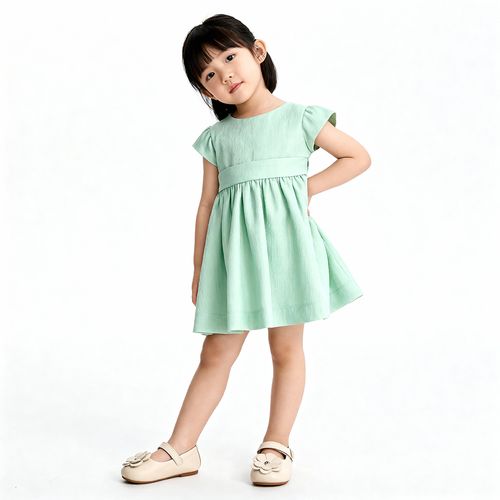 Vestido Bebê Feminino Puro Linho Manga Curta - VERDE